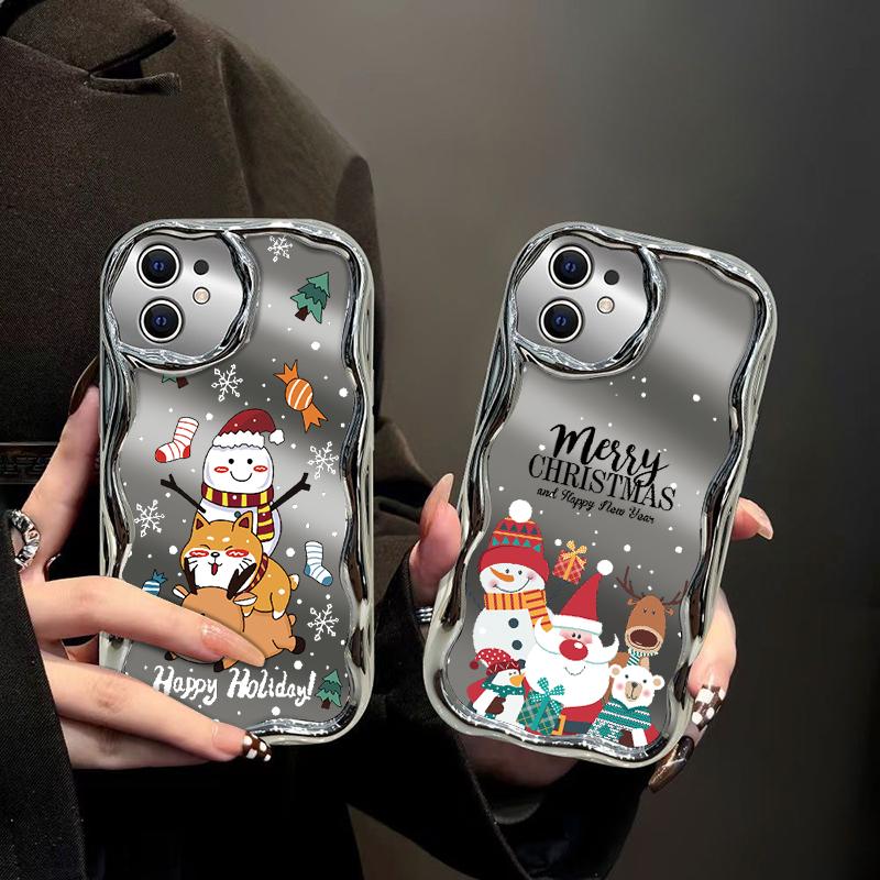 Roztomilý Merry Christmas Pattern Mirrror Shockproof Phone Case pro iPhone 15 Pro Max 14 13 Pro 12 11 Wave Frame Ochrana čočky Lesklé pokovování měkký kryt