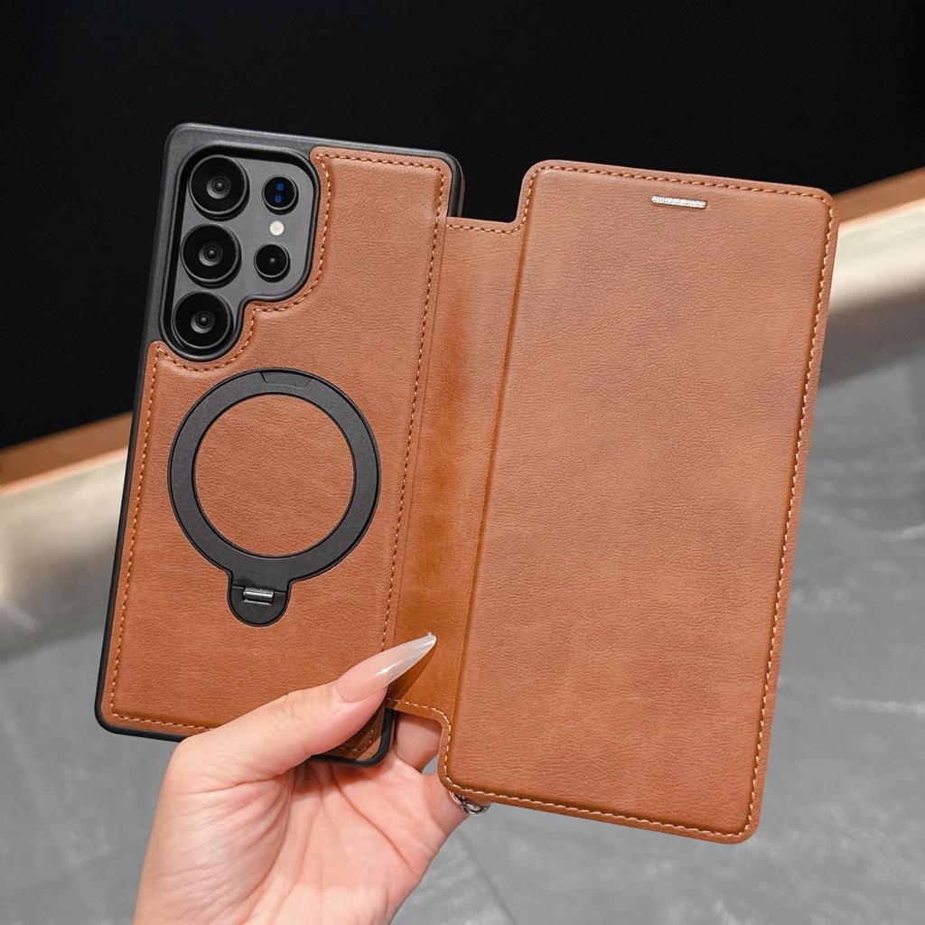 Samsung S25 Ultra Flip Card Holder Phone Case with Armor Shield and Rotating Magnetic Stand - Full Coverage Anti-Drop A17 Case