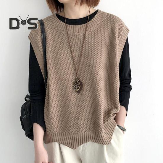 Women Knitted Vest Autumn Winter O Neck Solid Color Wavy Hem Warm Soft Loose Casual Female Ladies Waistcoat Sleeveless Top Knitwear