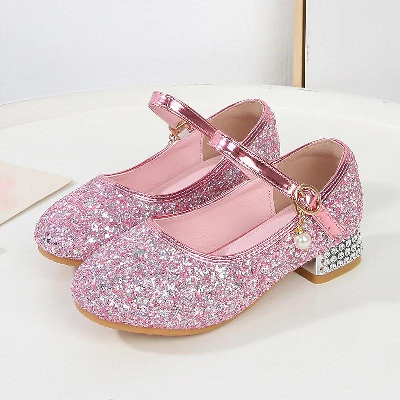 Princess Girls High Heels Spring Autumn Children Wedding Dress Leather Shoes Causal Versatile Glitter Sequins Kids Single Shoes