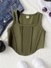 Girls' Summer Fishbone Waist-Cinched Cropped Top, Square Neck Slim Sleeveless Vest