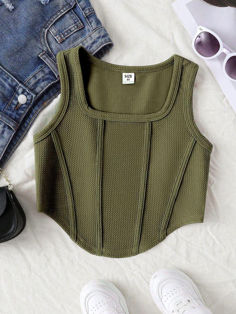 Girls' Summer Fishbone Waist-Cinched Cropped Top, Square Neck Slim Sleeveless Vest