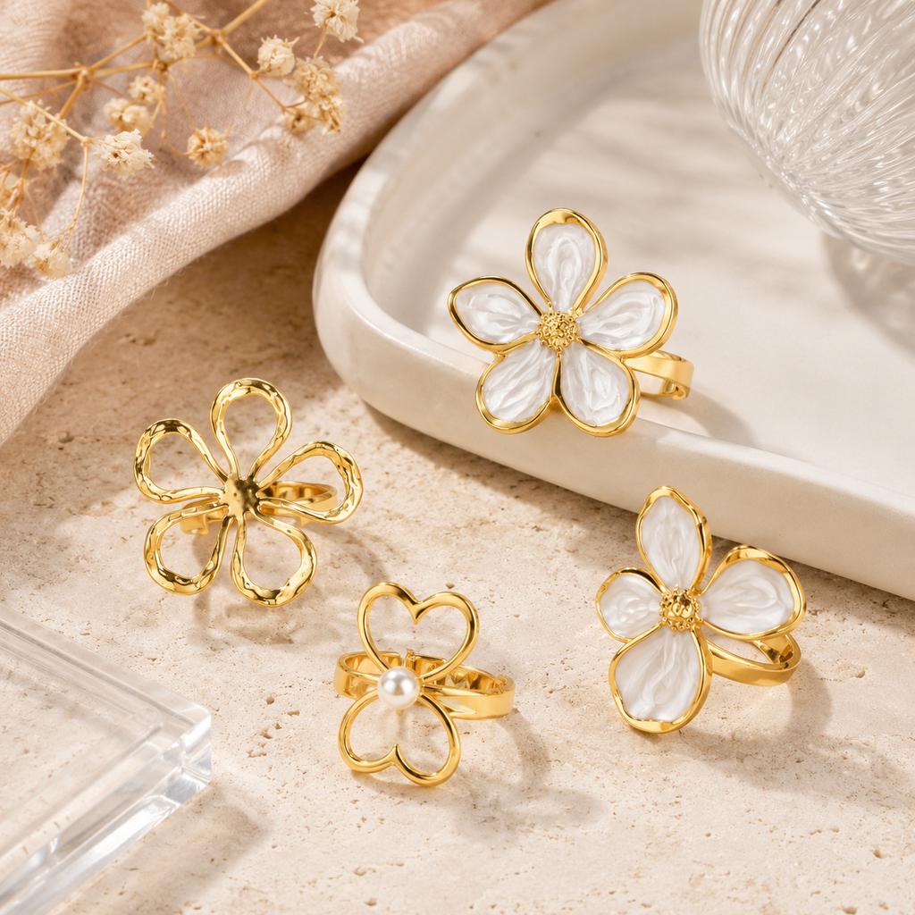 Flower Rings, French Vintage Style 18K Gold Plated Large Hollow Floral Statement Ring Aesthetic Open Adjustable Jewelry for Wome