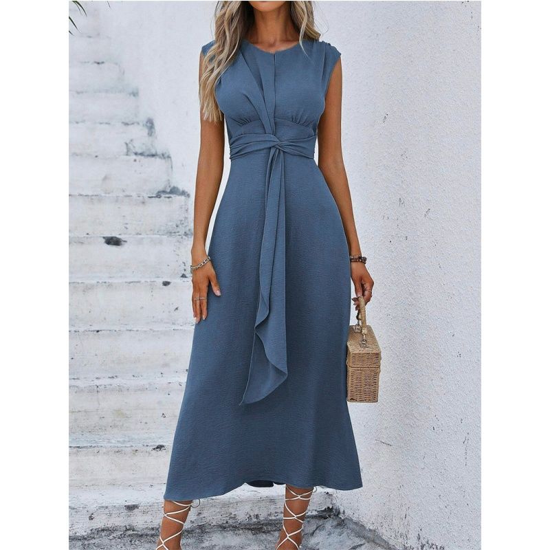 

Summer Women Dress Casual Ladies Skirt Summer Fashion Kinked Sleeveless Dress Haze Blue M