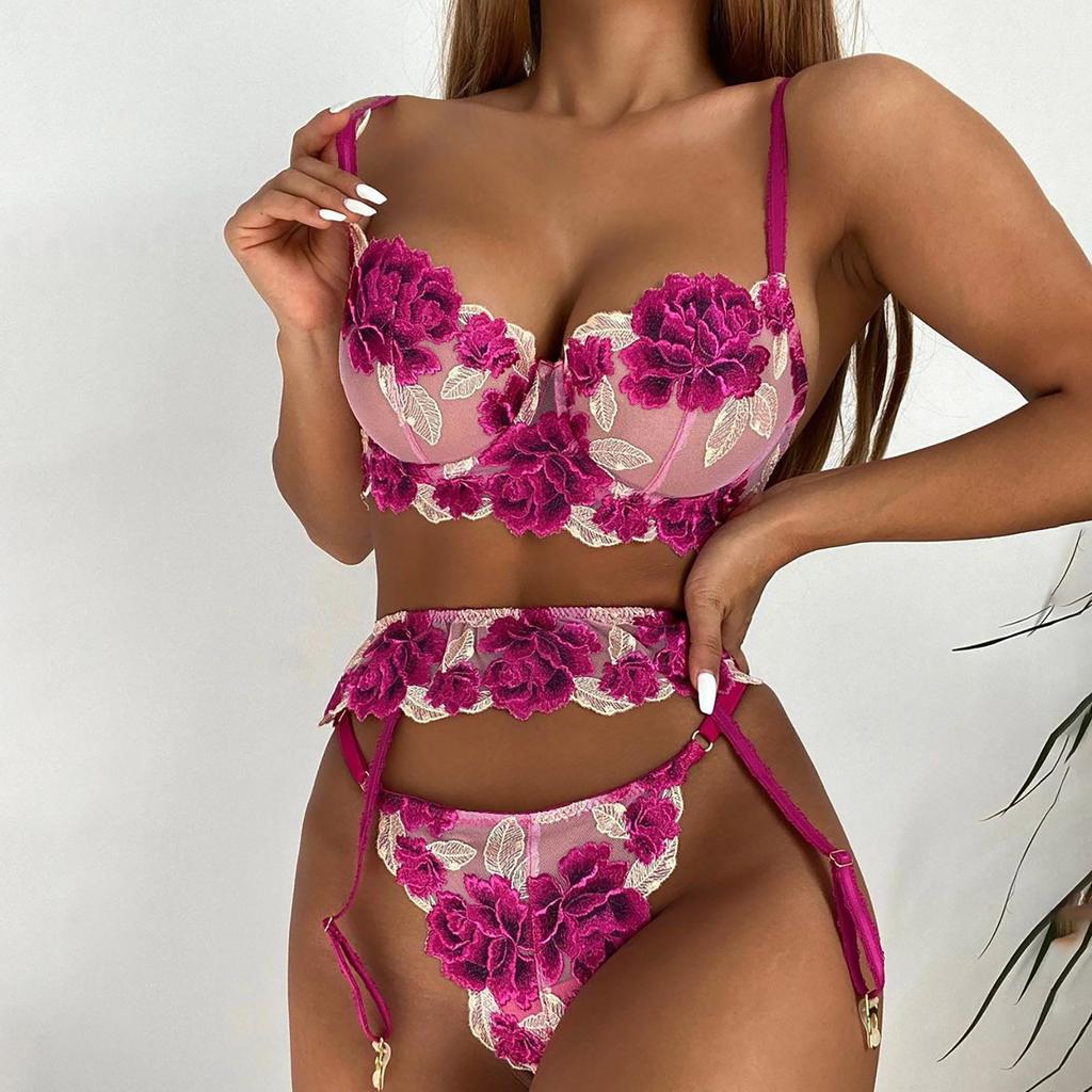 Women's Floral Lace Lingerie Set Sheer Mesh Bra and Panty with Adjustable Straps and Garter Belt for Intimate Wear