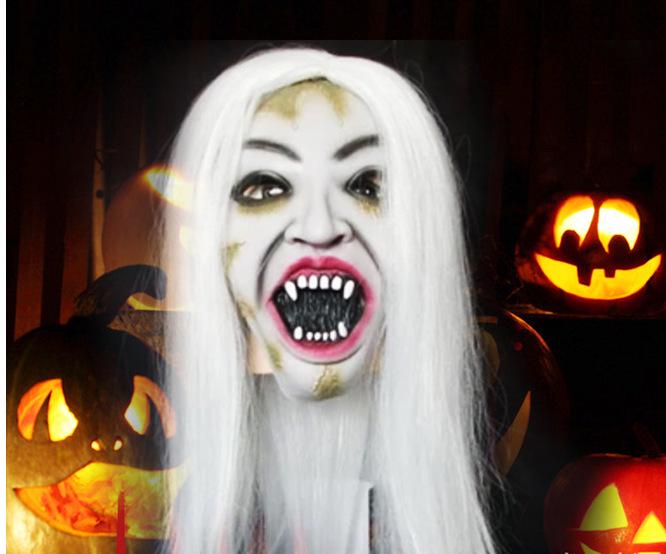 Scary White-Haired Witch Mask - Halloween Ghost Face Full Headgear