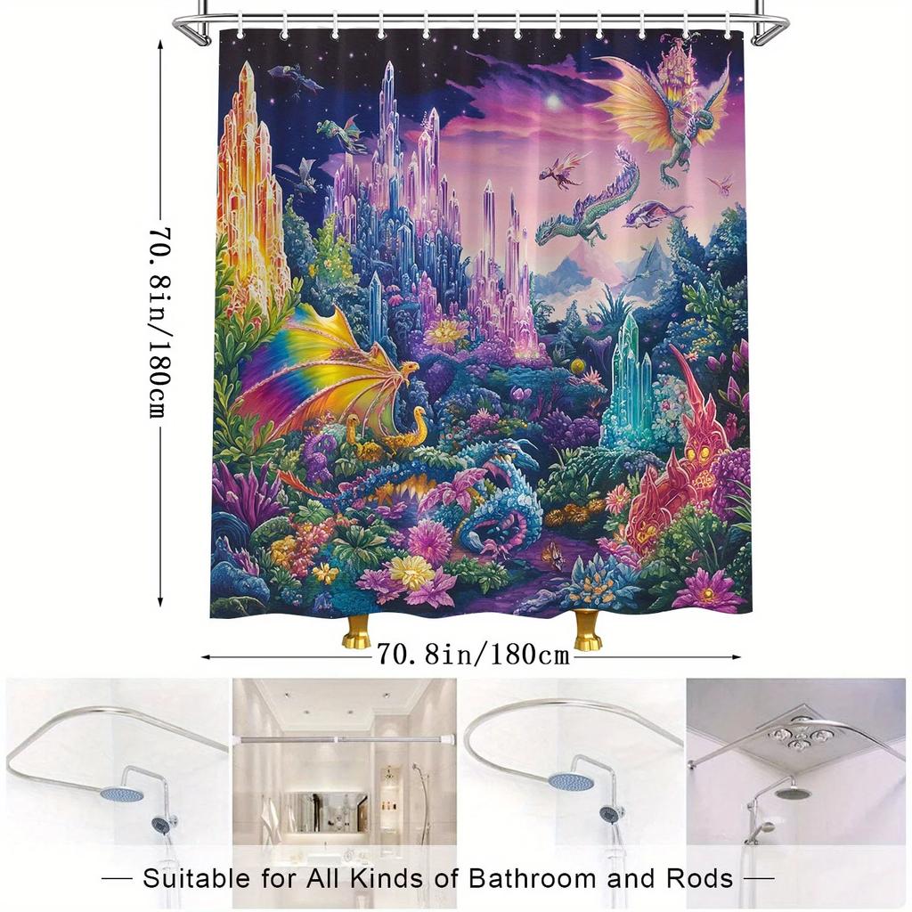 YXFantasy Art Duschvorhang - Biolumineszenter Wald mit fliegenden Drachen, Lebendiger Digitaldruck, Polyester, Mystische Badezimmer-Deko