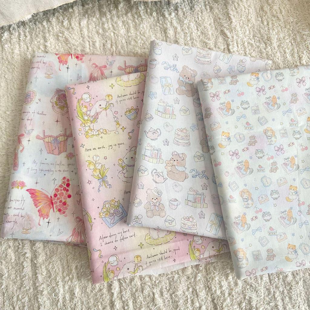 100% Cotton Digital Print Korean Cherry Bear Floral Fabric for Women's, Children's, Family Outfits & DIY Homewear