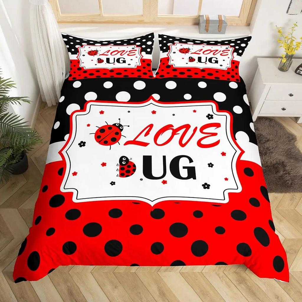 Ladybug Duvet Cover Set Cute Bug Bedding Set Twin Size for Kids Boys Bedroom Red Floral and Insect Adults Queen Duvet Cover Sets