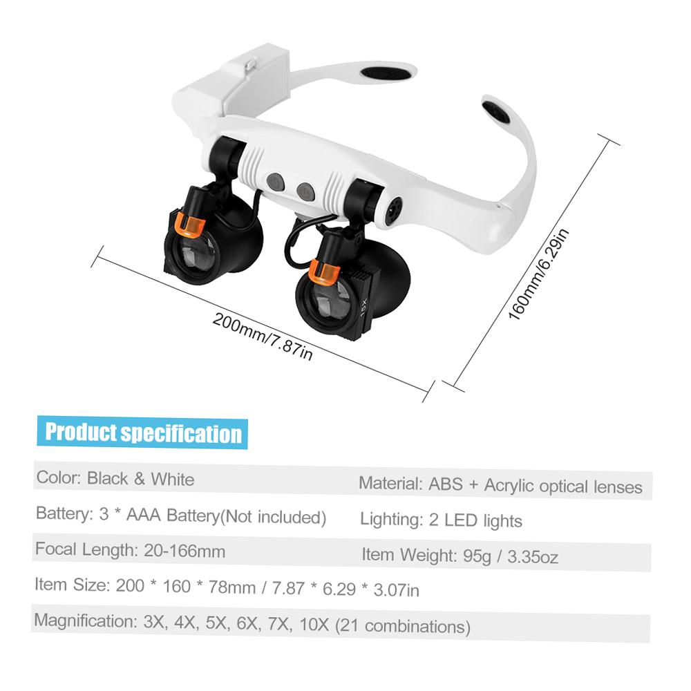 Headband Magnifier Eye Loupes Eyeglass Style Hands-Free Magnifying Multiple Magnifications with Warm and Cool LED Lights