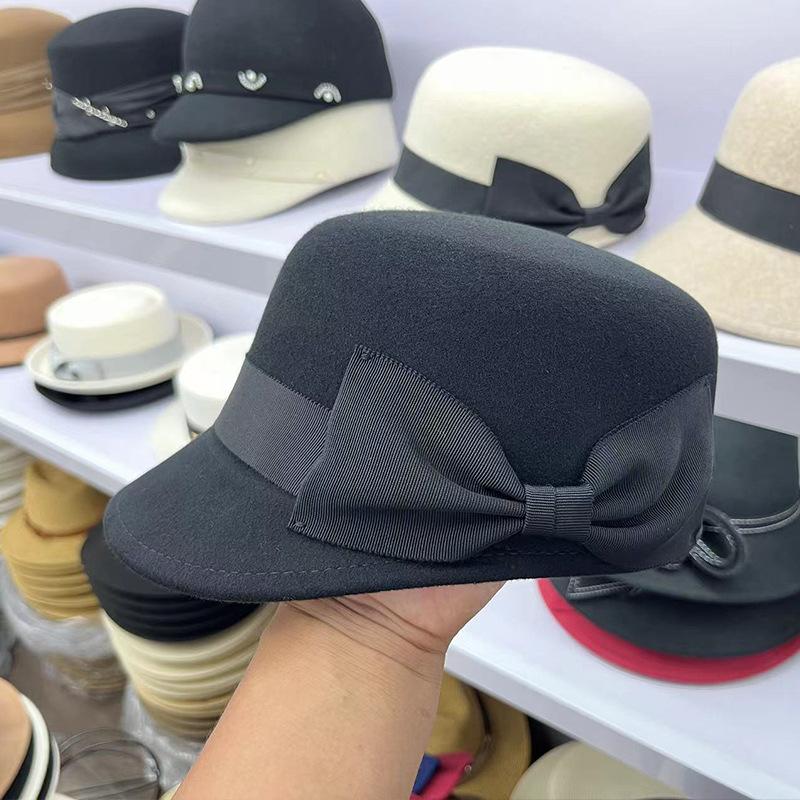 Japan autumn and winter new woolen hat bow women's retro casual equestrian hat peaked hat fashion knight hat