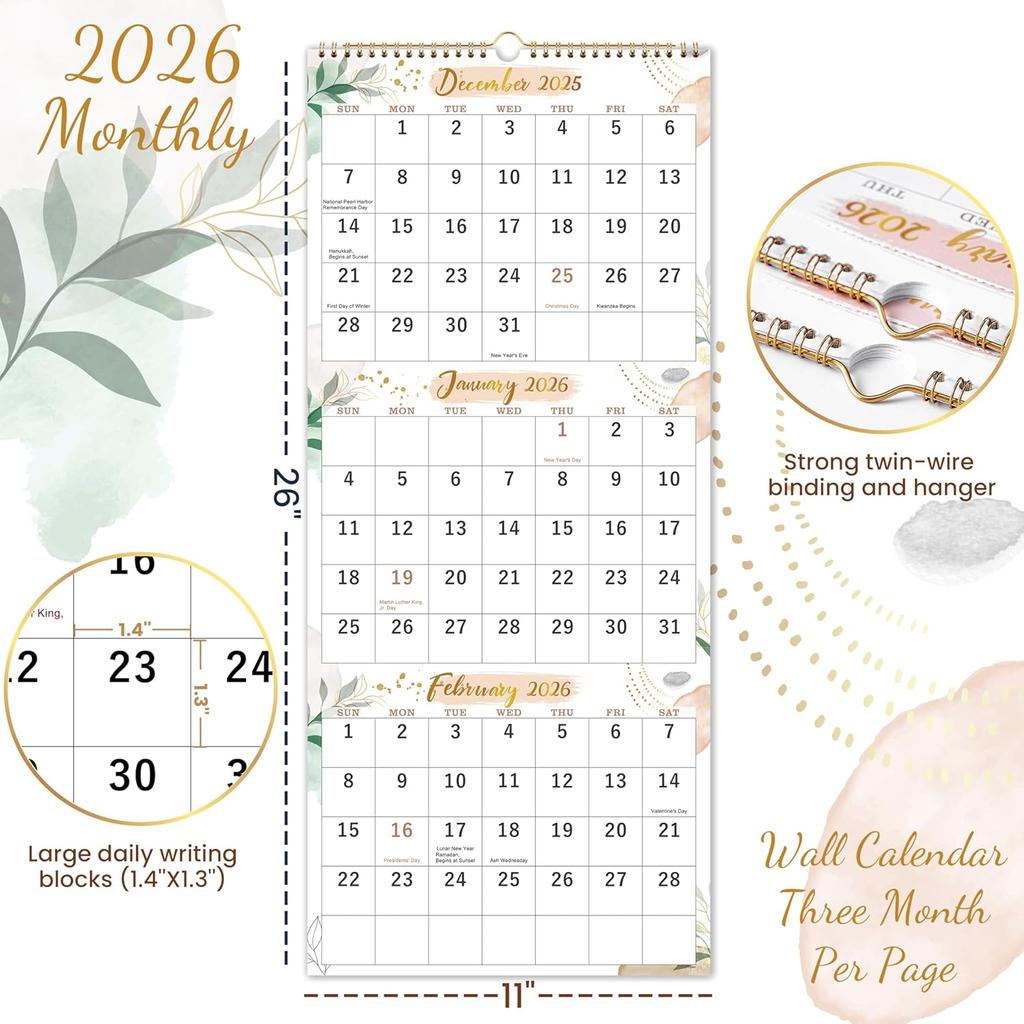 2026 Wall Calendar - 3 Month Calendar 2026 Vertical, 3 Month Wall Calendar, 11" X 26", December 2025 - January 2027, Calendar 2026, Large Monthly