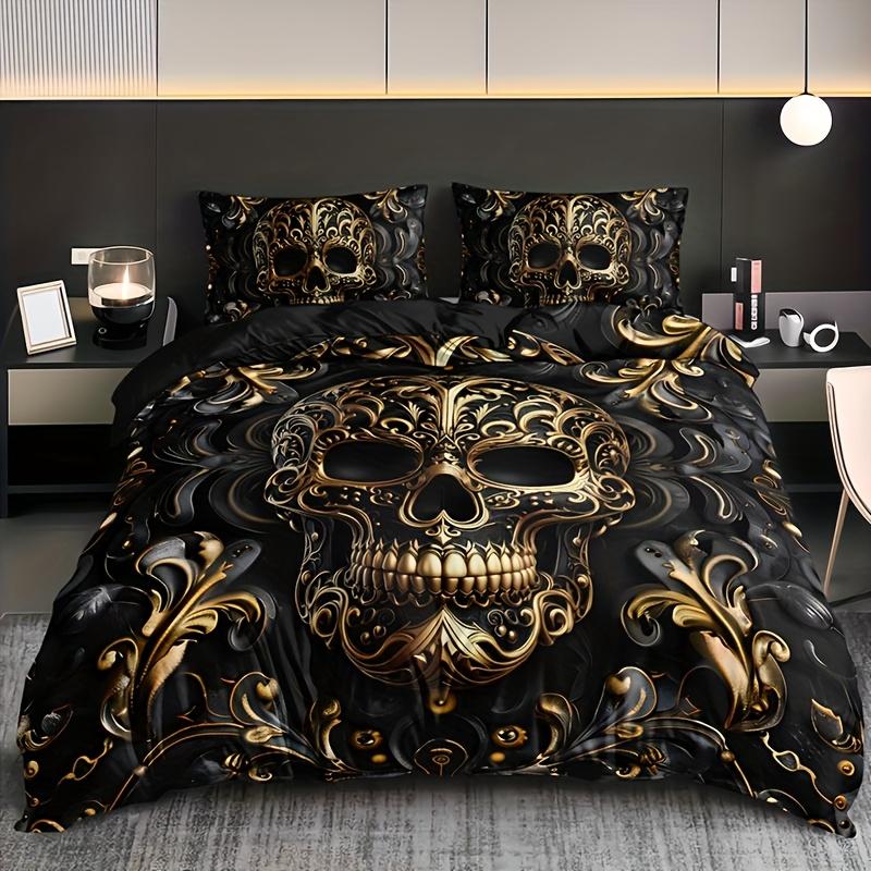 

3Pcs Metallic Skull Duvet Cover Set, Black Golden Gothic Design Breathable Polyester Bedding with Pillowcases, Machine Washable EU Twin(135x200cm)