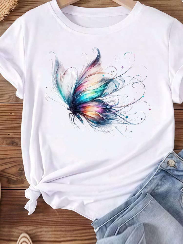 (Asian Size) Love Heart Butterfly Trend Women Tee Top Clothing Casual T Shirt Fashion Printed Lady Female Graphic  Short Sleeve T-shirts