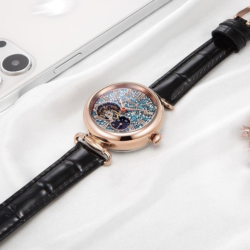Luxury Automatic Mechanical Watch For Ladies Waterproof Blue Leather Strap Ladies Wristwatch Women Female