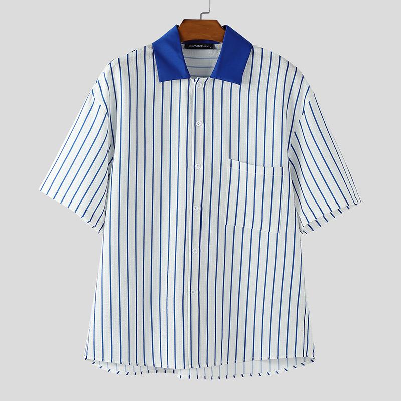 

INCERUN Men Short Sleeve Shirts Lapel Stitching Striped Loose Shirts S синий