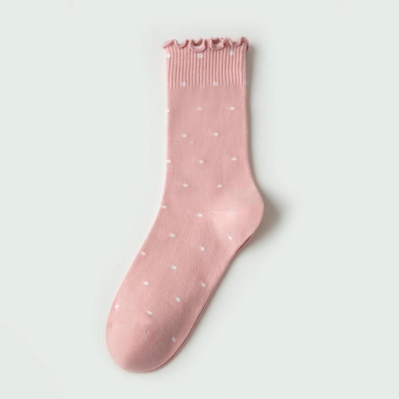 Female Spring and Autumn Style Wooden Ear Edge Polka Dots Cotton Sweet Long Tube Pile Socks