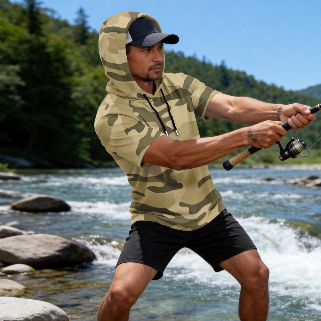 Men's Camouflage Print Raglan Sleeve Casual Sport Fishing Sun Protection Short Sleeve Hoodie Pullover Top for Outdoor Activities