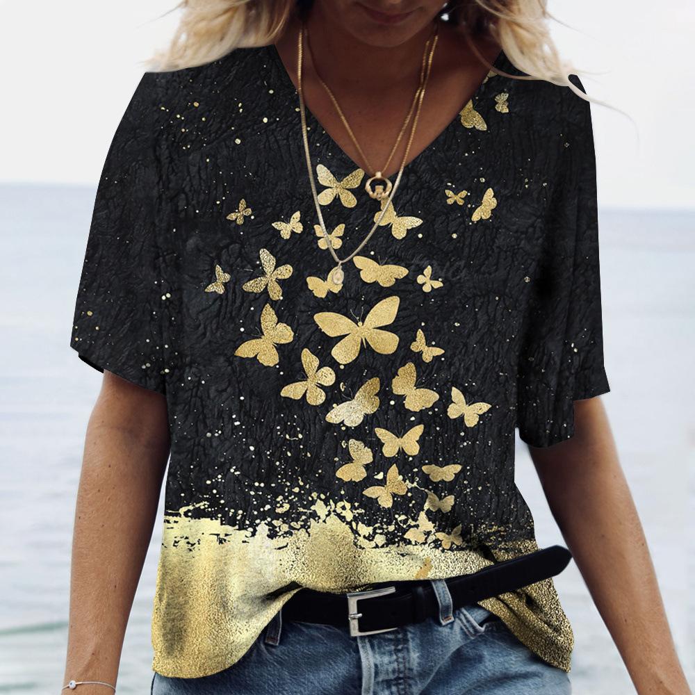 

Летняя новая женская футболка с V-образным вырезом и коротким рукавом, повседневная уличная футболка с 3D-принтом XS