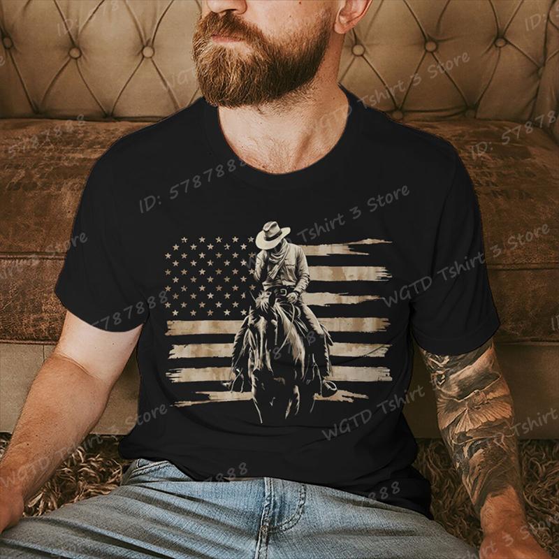 Cowboy with American Flag Pattern Print T Shirt Tees for Men Casual Short Sleeve TShirt for Summer Vintage Graphic Tshirts
