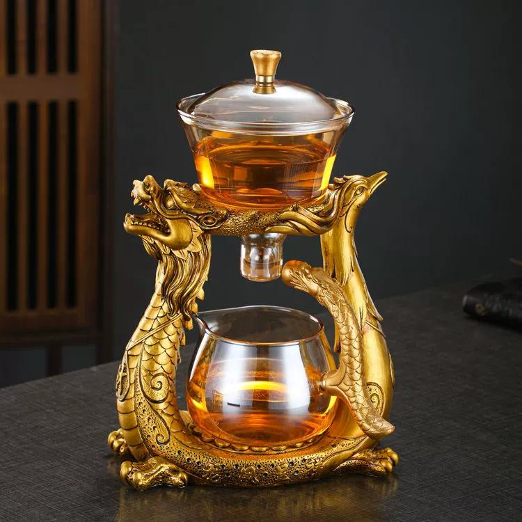 Transparent Semiautomatic Tea Pot Set with Dragon and Phoenix Auspicious Craftsmanship Suitable for Kung Fu