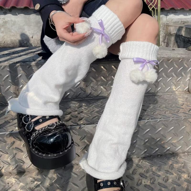 Women's Elastic Thermal Foot Covers with Furry Ball Bowknot Soft Knitted Leg Warmers Long Socks Cold Weather Accessories