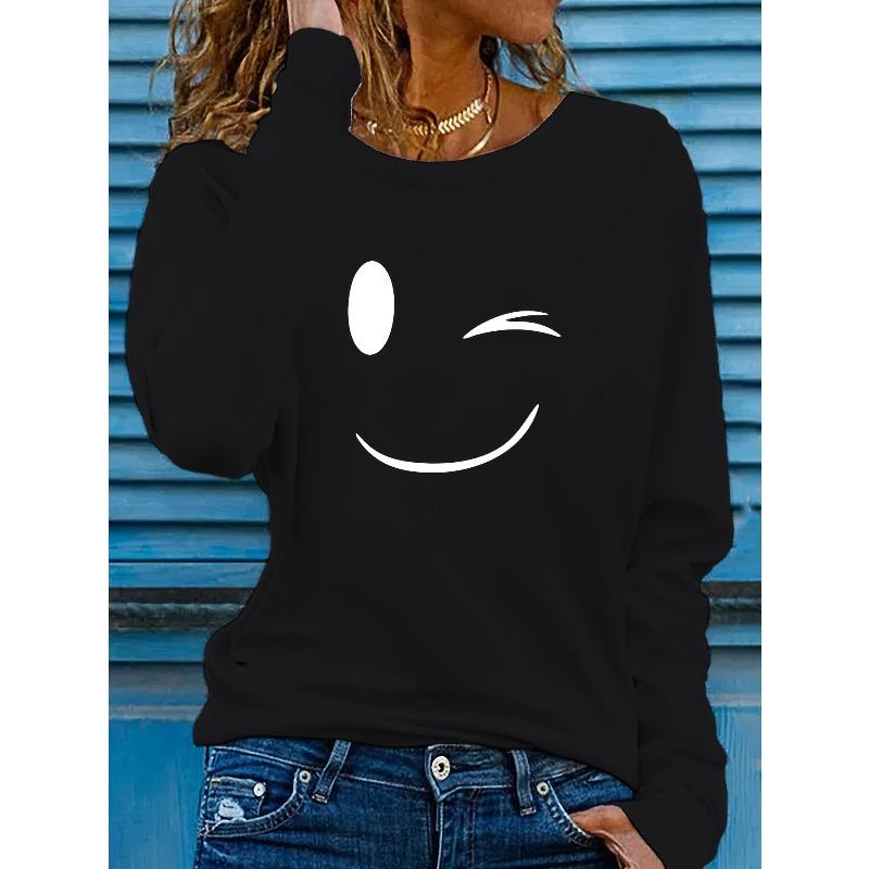 

European Size Women s Casual Long Sleeve Crew Neck Graphic Print T-Shirt - Playful joyful Face Design, Slim Fit, 4XL