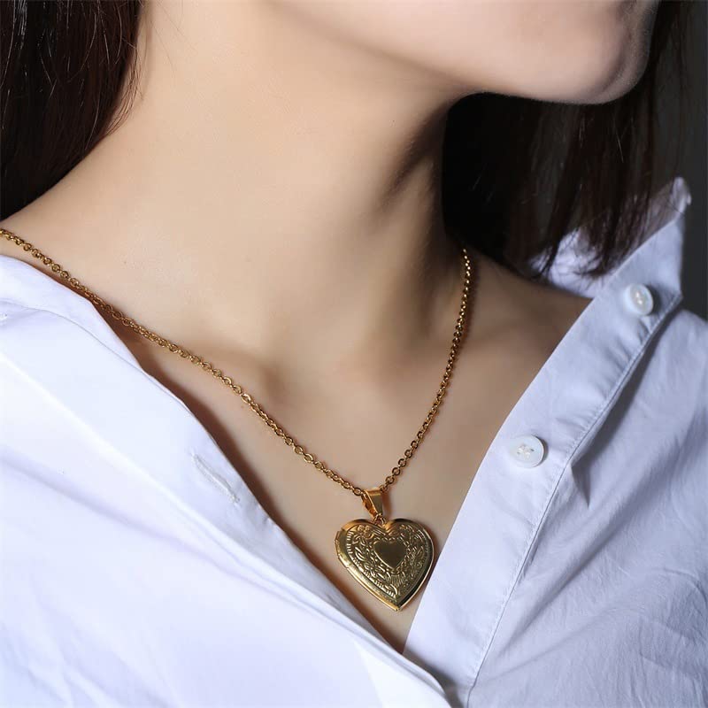 Brand Heart Pendant Necklace for Photo Heart Shaped Clavicle Engraved Gift Type [Rockyu] Women, Pink, Gold, Silver, Holder, Pendant, Chain, Style,