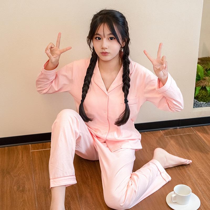 2025 Women's Pure Cotton Solid Color Pajamas - Energetic Girl Autumn/Spring Style, Soft Home Wear
