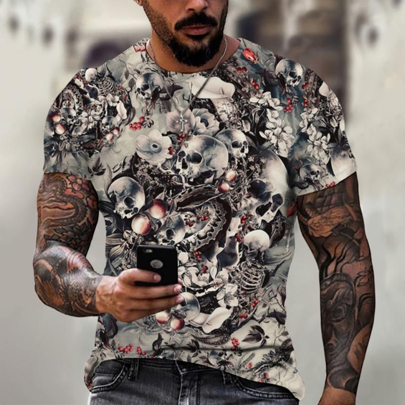Fashion New Flowers and Skulls graphic t shirts For Men Summer Casual Trend Hip Hop streetwear Personality Printed O-neck Tees