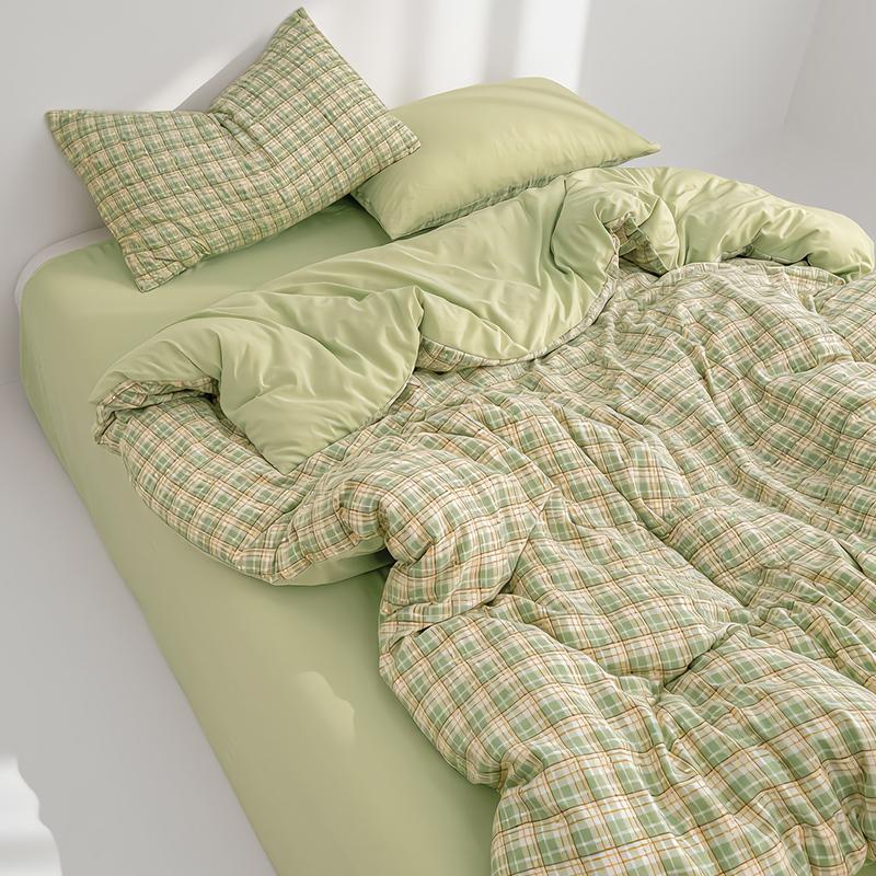 Fresh Green Plaid Quilt Cover Or Bedding Set Soft Skin-Friendly Duvet Covers Comfortable Durable Machine Washable Blanket Cover