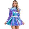 Futuristisches Damen Halloween Kostüm Glänzendes Metallisches Alien Kleid mit Gürtel Roboter Party Outfit