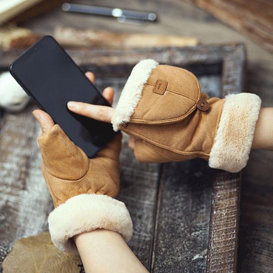Women Winter Suede Gloves Thickened Convertible Fingerless Mittens Fleece-lined Warm Gloves with Fluffy Cuffs for Outdoor Cycling Hiking