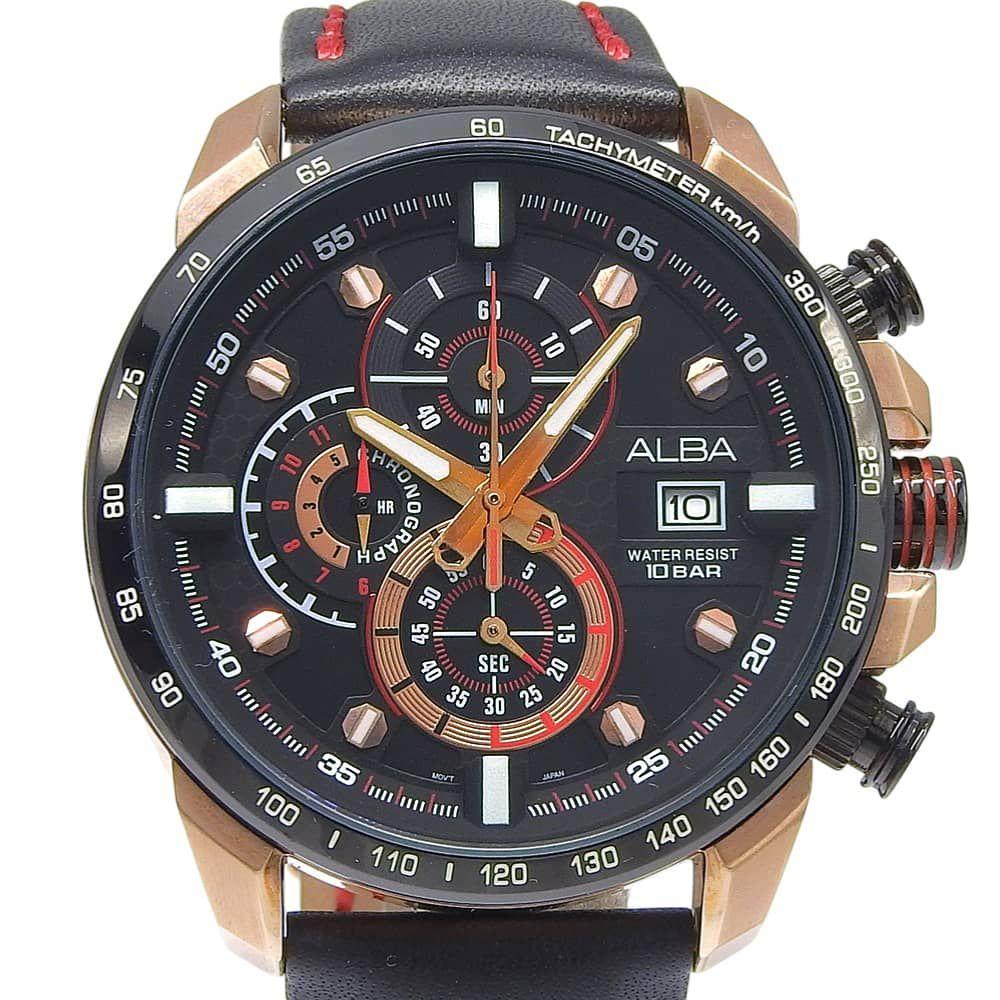 [SEIKO] Seiko Alba 10 ATM Water Resistant VK67-KT00 Stainless Steel x Leather Gold Color Quartz Chronograph Men s Black Dial Watch