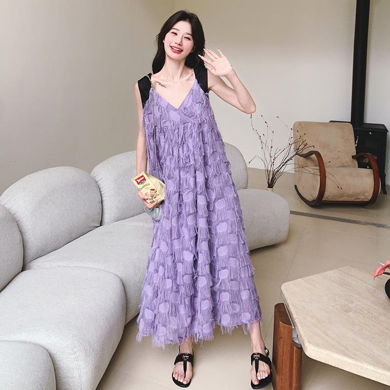 2024 Summer French Color-Blocked Tassel Suspender Dress