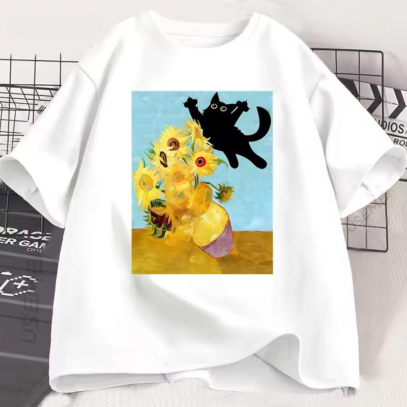 Vincent Van Gogh Cat T-shirt Women Sunflowers Print Tshirt Funny Cute Cat Kitten T Shirt Cotton Short Sleeve Clothes