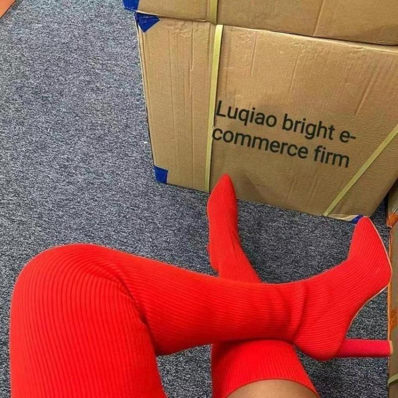 Autumn and winter pointed thick heel knitted knee boots women's European, American foreign trade large size elastic wool socks long boots