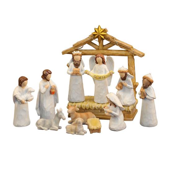 12Pcs LED Nativity Scene Set Resin Christmas Manger Angel Figurines with Star Light Holiday Tabletop Decor for Home Church