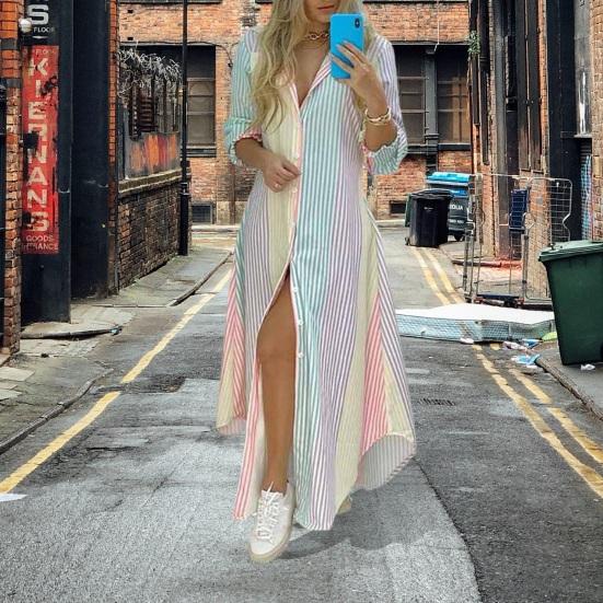 Lapel Long Sleeve Irregular Hem Single-breasted Shirt Dress Women Fashion Print Loose Maxi Dress Female Clothing