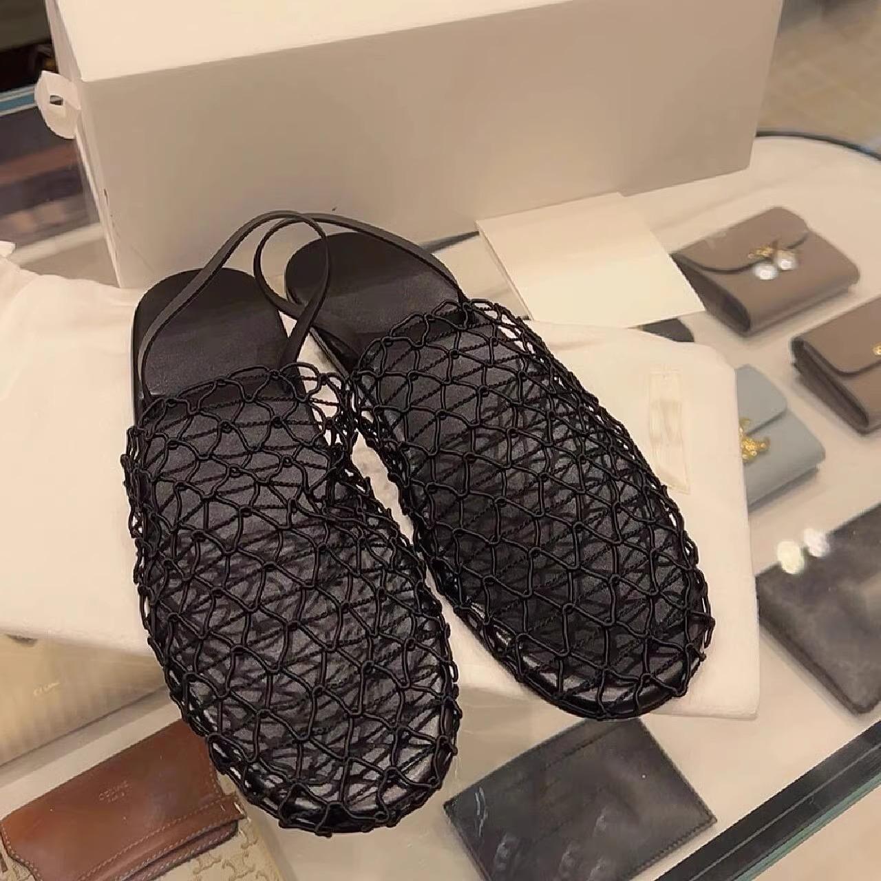 

Leather bag head back strap fishing net flat sandals 24 hollow comfortable beach half slippers 35