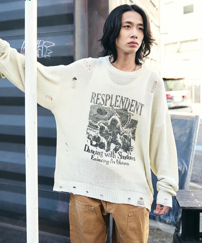 WEGO Graphic Distressed Knit Pullover Size Gift Men's Top, M, Off-White, Unisex, Streetwear, Casual, Spring, Autumn, Winter,