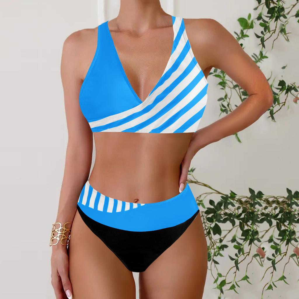 Women's Halter Half Edge Stripe Print Bikini Tankini Swimsuit