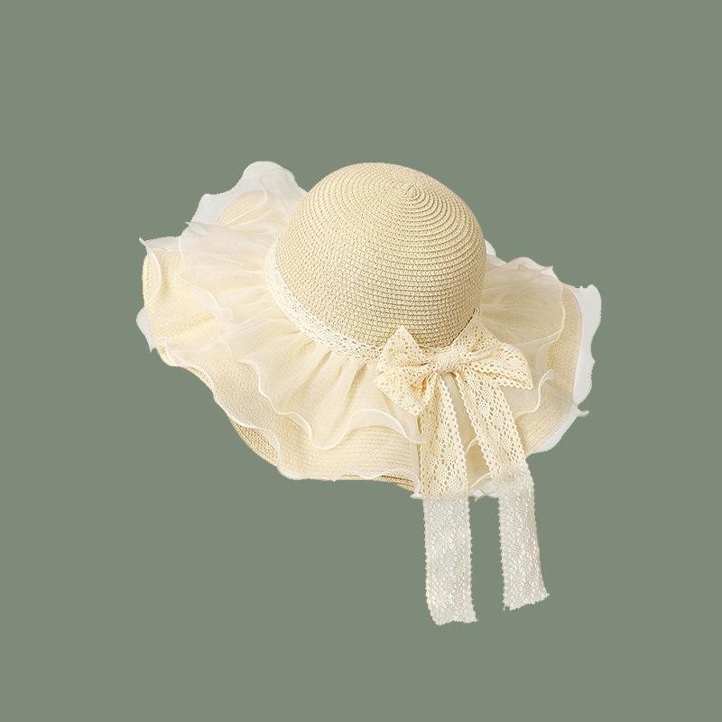 Straw Hat Women's Fashion Elegant Pleated Ribbon Flat-top Sunshade Hat Vacation Travel Sunscreen Hat