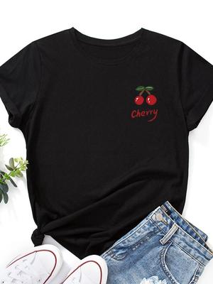 On Chest Red Cherry Print Women T Shirt Short Sleeve O Neck Loose Women Tshirt Ladies Tee Shirt Tops Camisetas Mujer