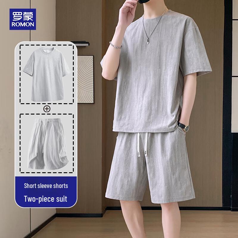 ROMON Men's Jacquard Ice Silk T-Shirt & Shorts Casual Set