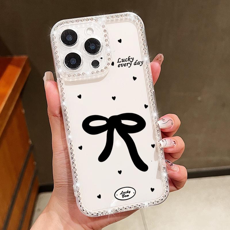 Bowknot Pattern Clear Silicone Phone Case For iPhone 16E 16 Pro Max 15 Pro 14 13 12 11 Diamond Frame Shockproof Soft Bumper Cover