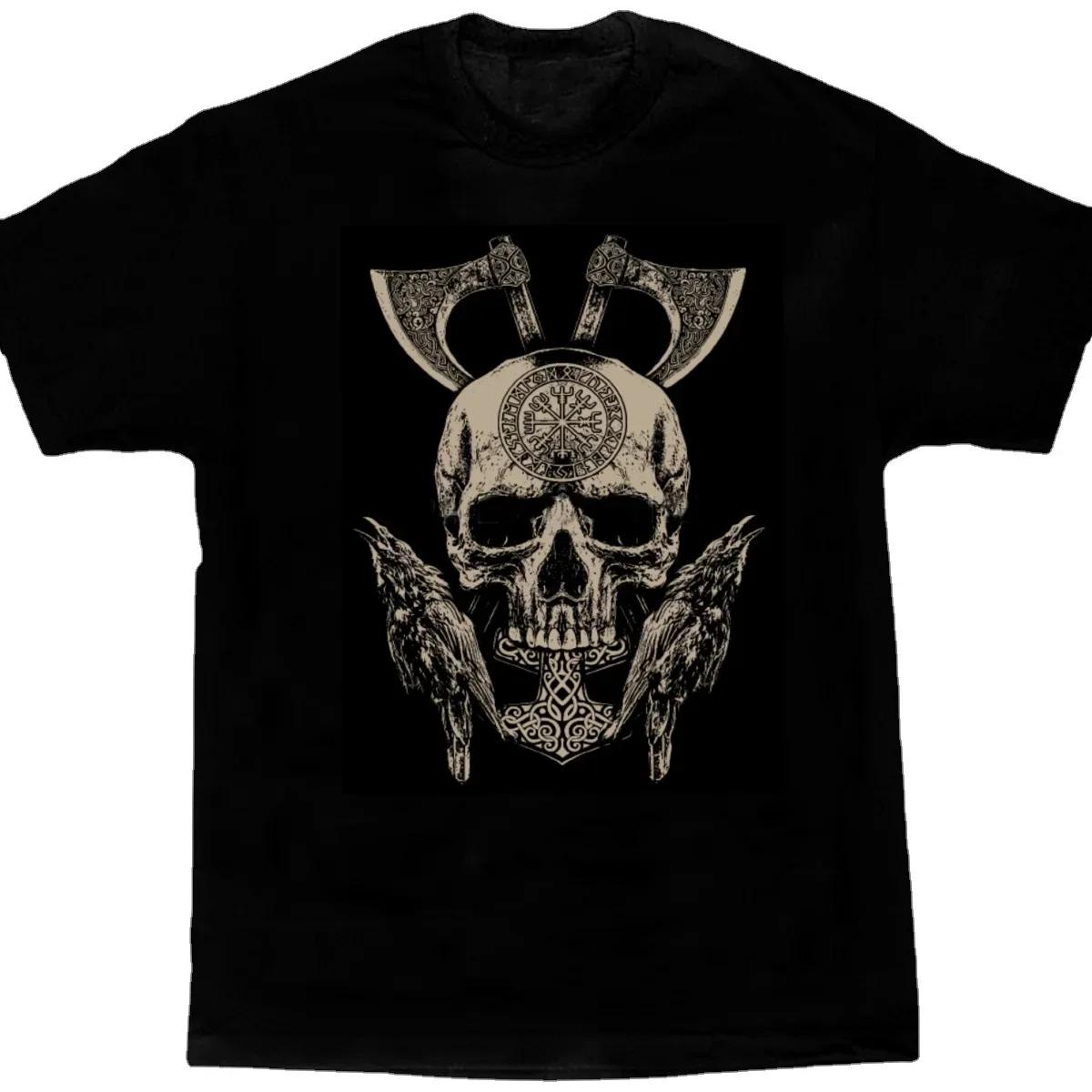 

Retro Odin Ravens Compass Rune Mjolnir Nordic Warrior Skull TShirt 100 Cotton ONeck Short Sleeve Summer Casual Mens Tshirt S