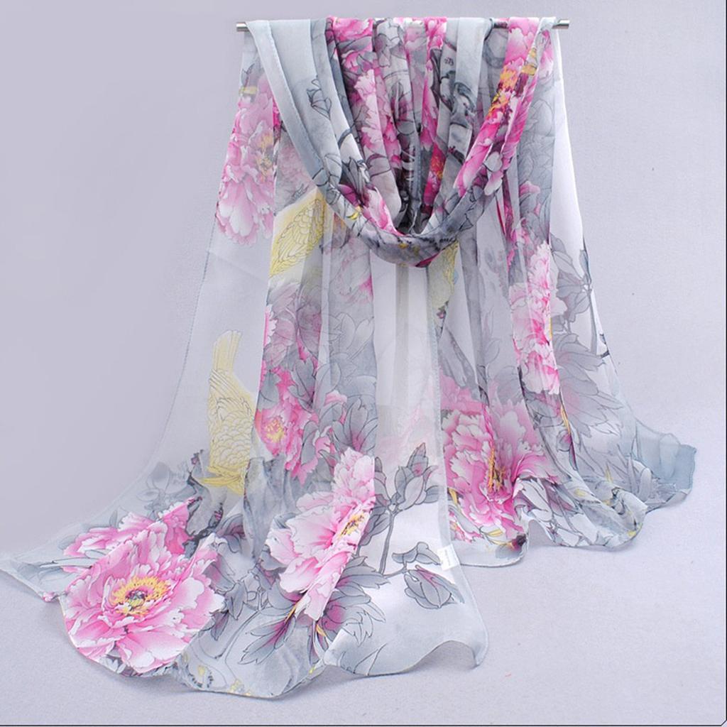 Four Seasons Thin Soft Chiffon Women Peony Flower Printing Beach Silky Georgette Scarf Shawls Long Wraps Beach Sunscreen Hijab
