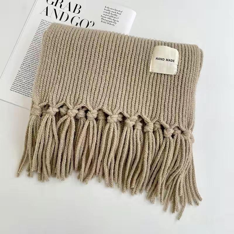 Scarf female winter student Korean version versatile new knitted couple thickened warm wool men's solid color fringed scarf