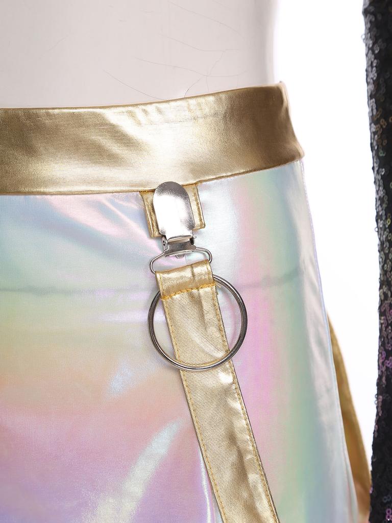 Womens Halloween Cosplay Outfit Long Sleeve Rivet Shoulder Boards Front Zip Sequined Crop Jacket Metallic Shiny Mini Skirt